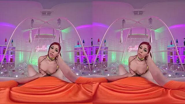 Skinny redhead teen gives sloppy deepthroat and handjobs on VR