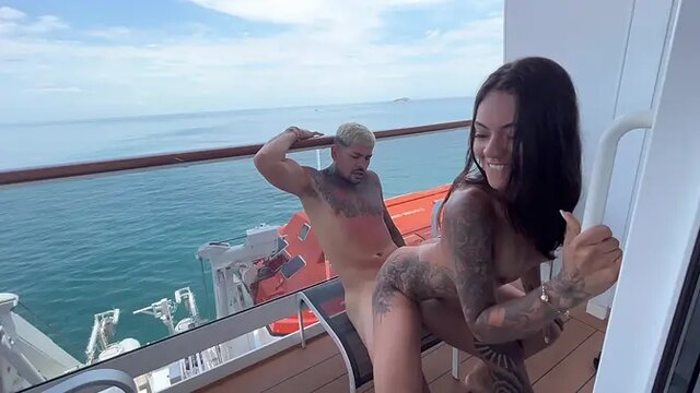 Tattooed Carter Cruise rides cock in reverse cowgirl on balcony