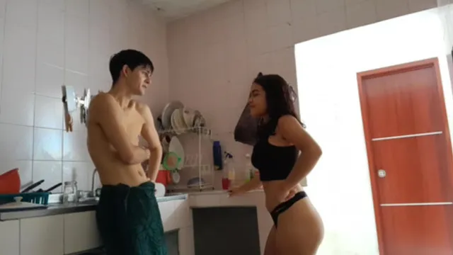 My Brunette girlfriend Flirts In Lingerie While I′m Bathing