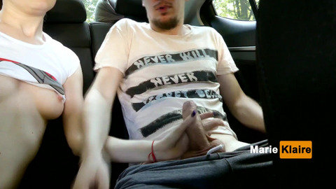 Public deep blowjob with cum swallowing —  teen sucks dick for Uber driver in a car in a parking lot