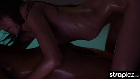 Oil-slicked, strap-on-fucked siren screams with ecstasy