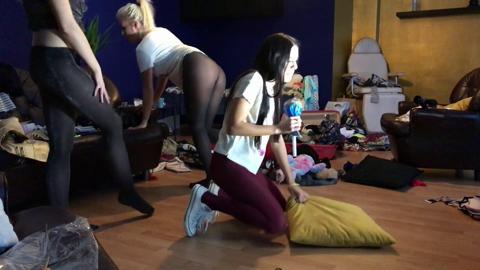 College co-eds party hard in short skirts and thongs, lesbian lust ignites