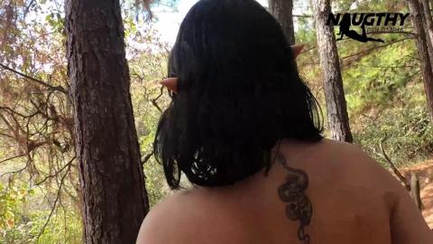 Elf chick goes down on her guy in the woods, hardcore!