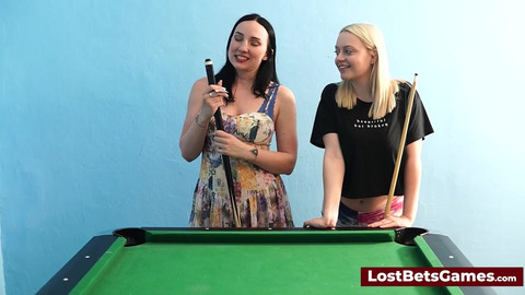 Two lesbos, cue-stickin' and cock🍆-blockin' each other in sinful billiards hijinks